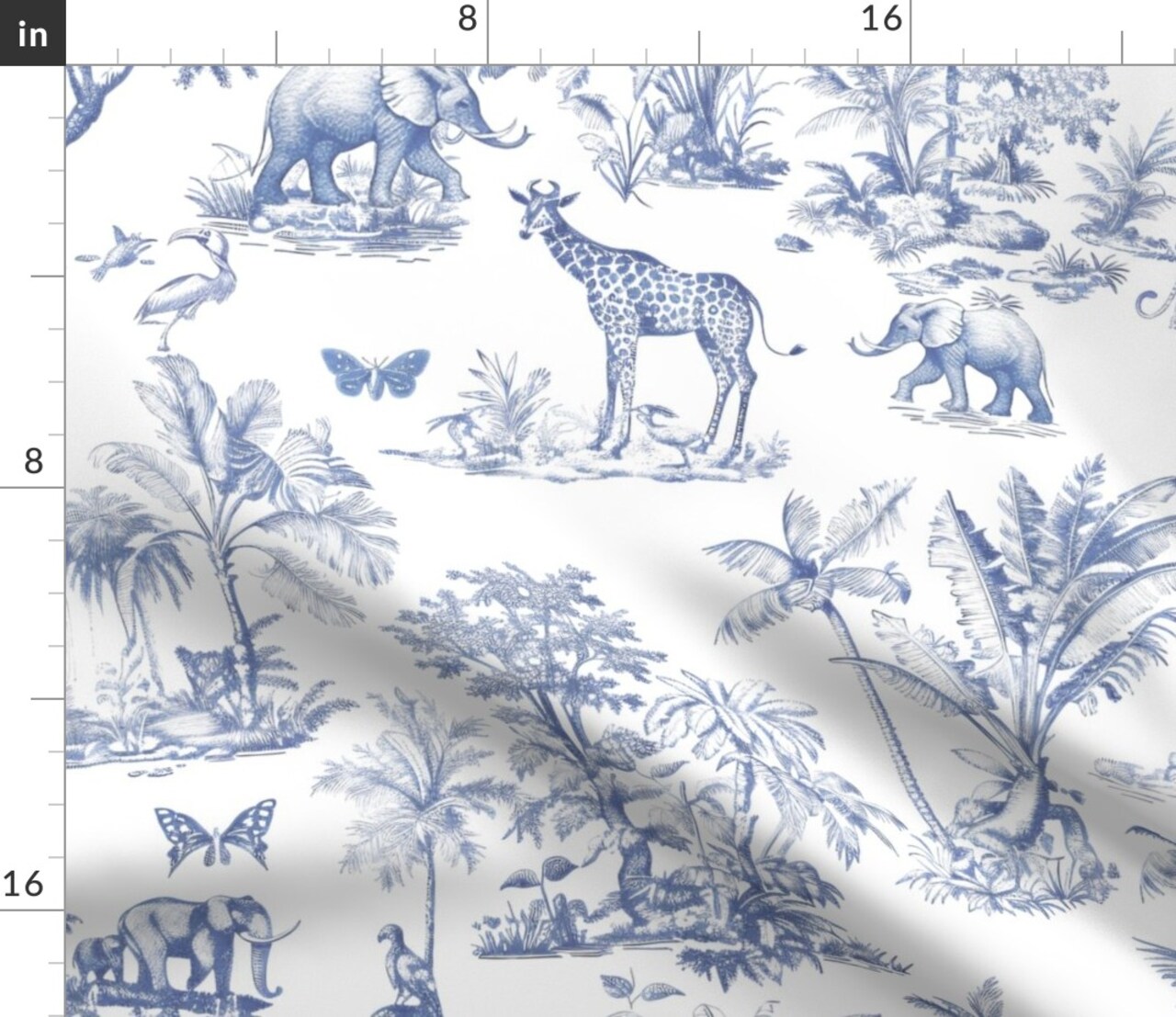 Toile Jungle Animals Monochromatic Safari Giraffe Elephant Butterfly Monkeys Du Jouy Custom Printed Fabric by Spoonflower Various Fabrics by the Yard or Fat Quarter